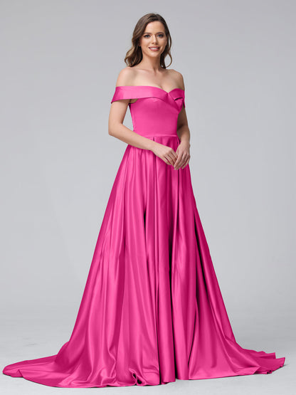 A-Line Off-the-Shoulder Long Satin Evening Dresses with Split Side & Pockets