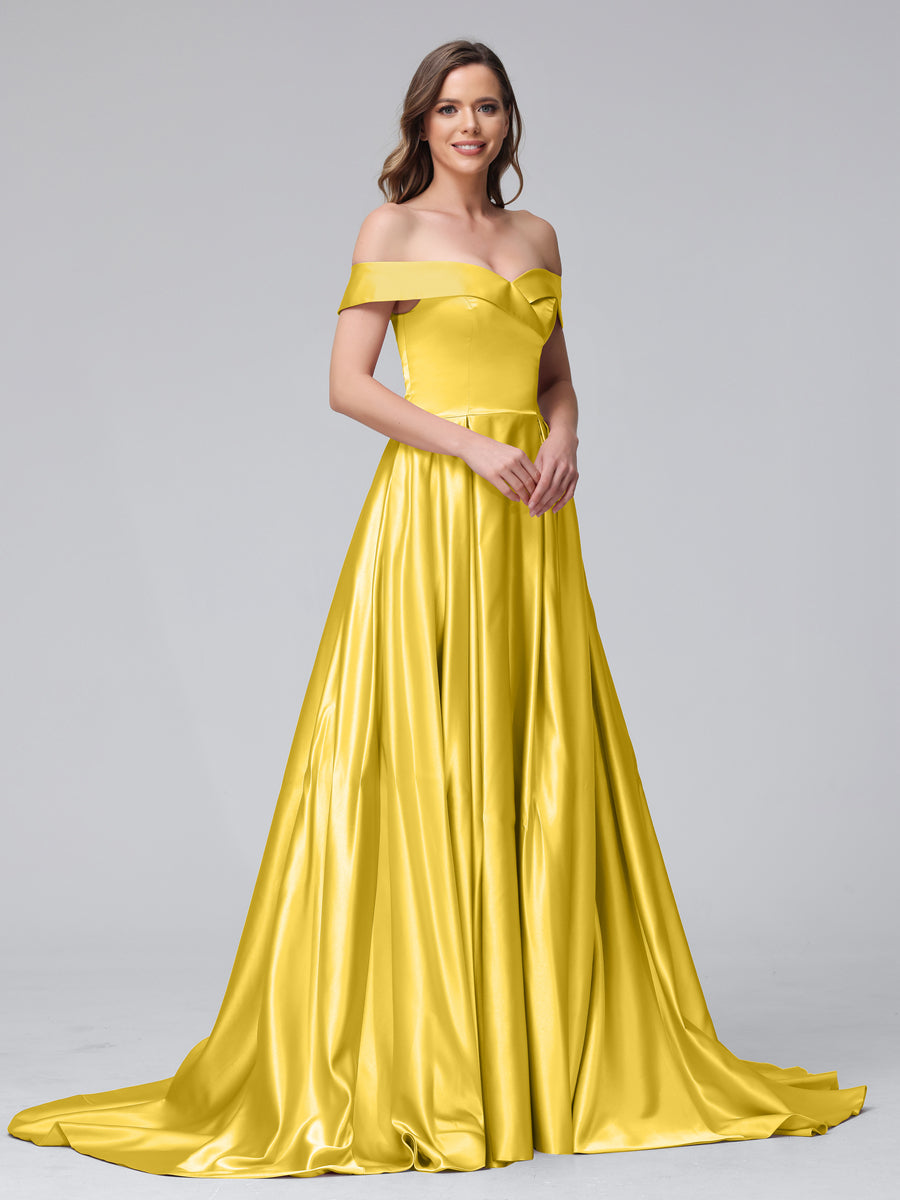 A-Line Off-the-Shoulder Long Satin Evening Dresses with Split Side & Pockets