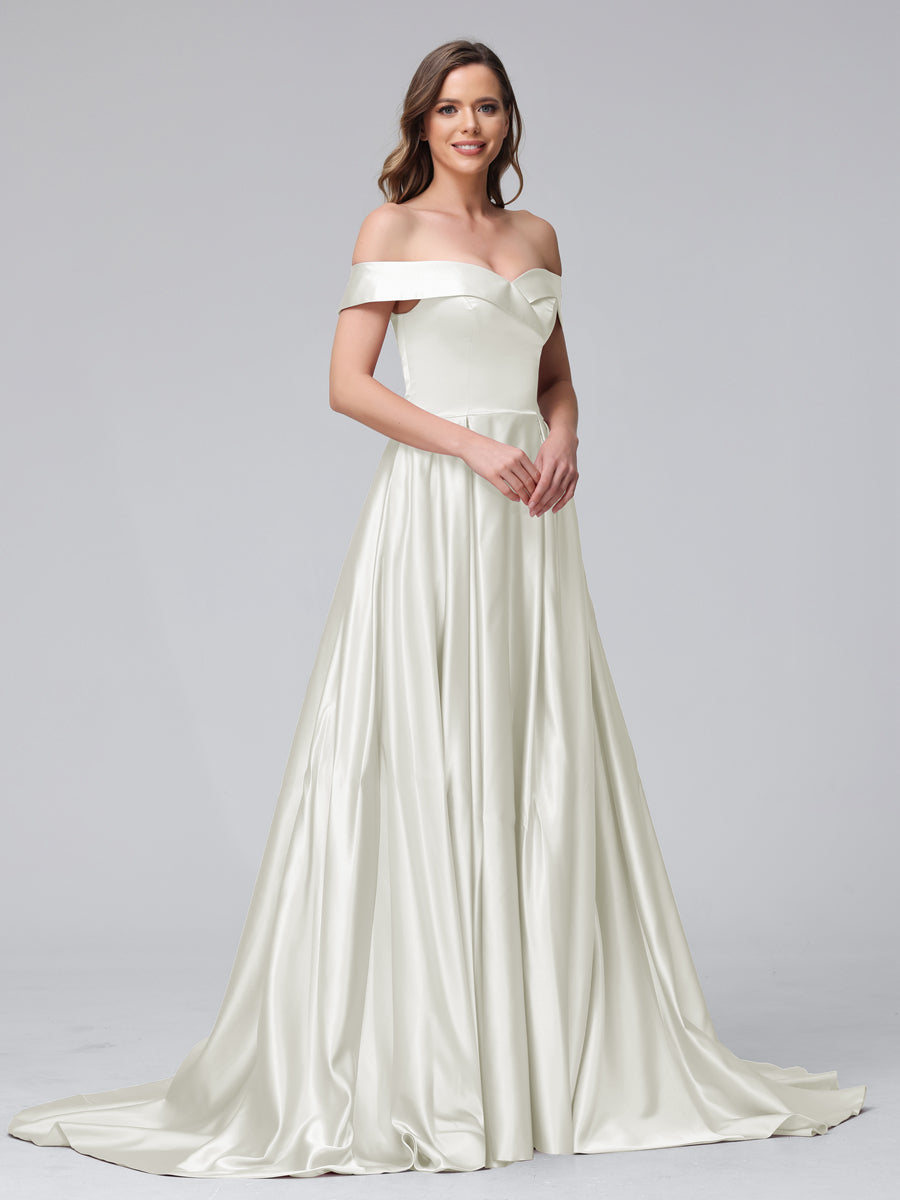 A-Line Off-the-Shoulder Long Satin Evening Dresses with Split Side & Pockets