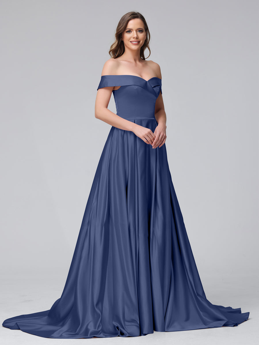 A-Line Off-the-Shoulder Long Satin Evening Dresses with Split Side & Pockets