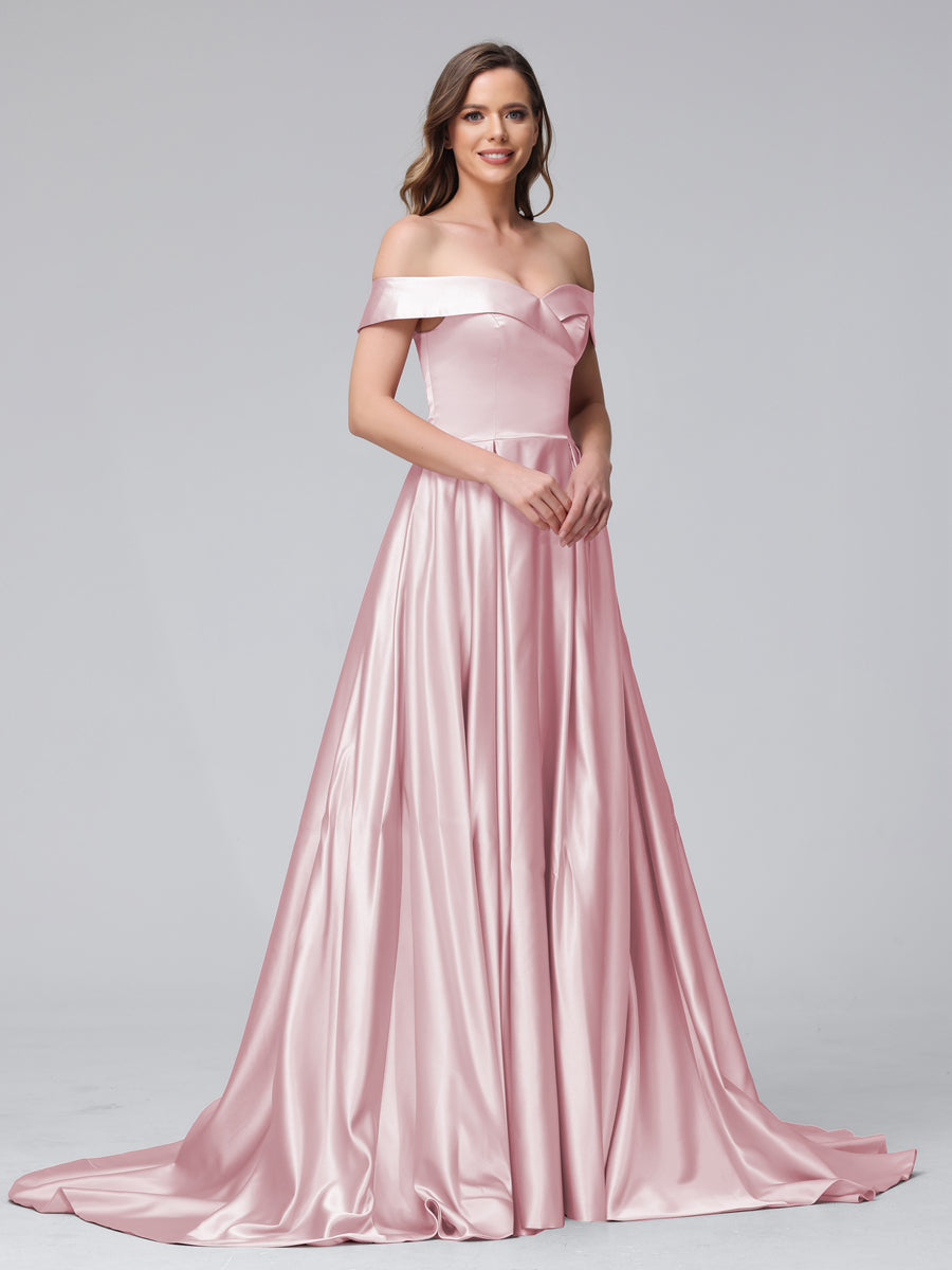 A-Line Off-the-Shoulder Long Satin Evening Dresses with Split Side & Pockets