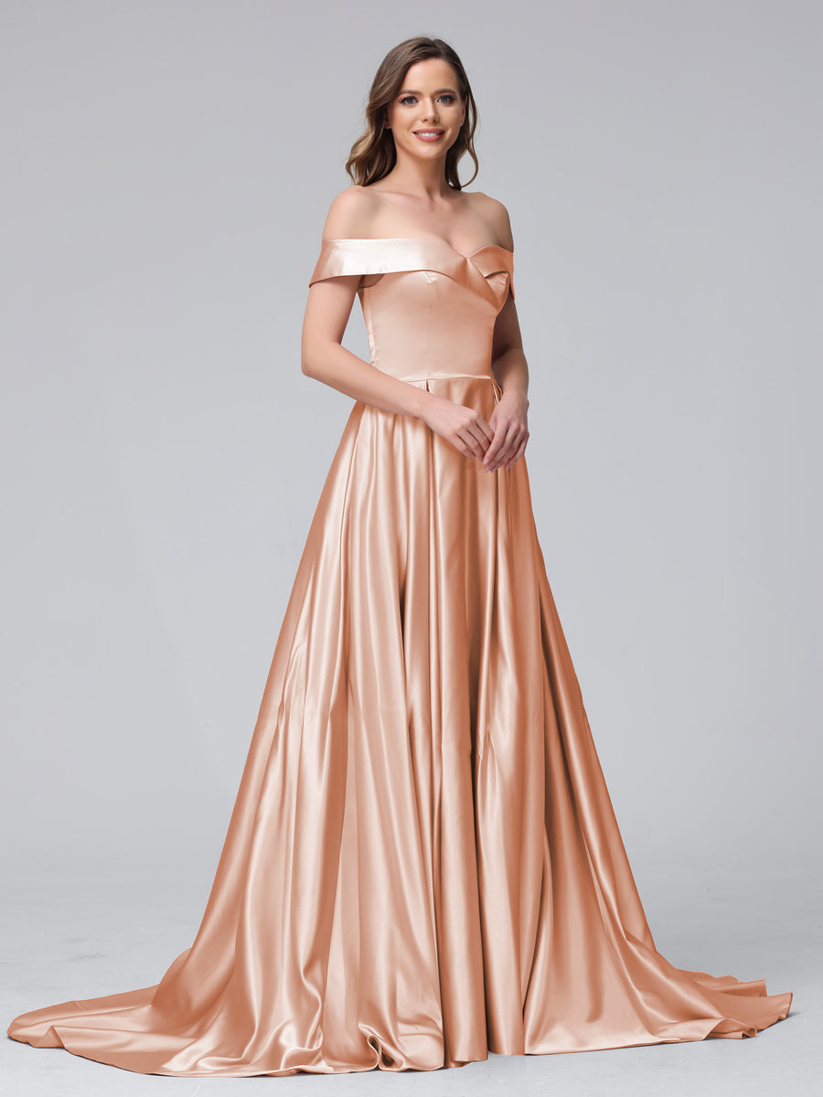 A-Line Off-the-Shoulder Long Satin Evening Dresses with Split Side & Pockets