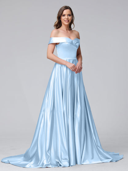 A-Line Off-the-Shoulder Long Satin Evening Dresses with Split Side & Pockets