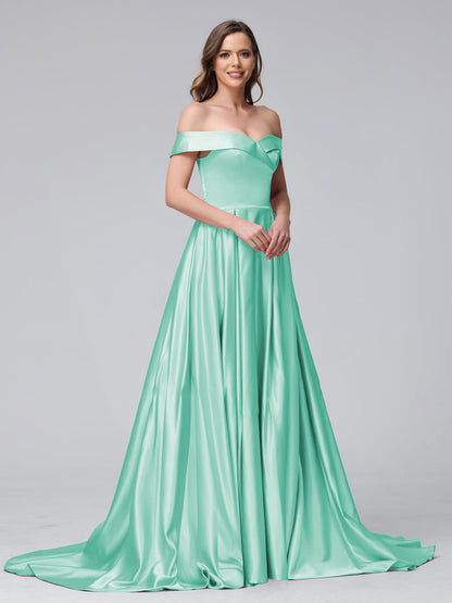 A-Line Off-the-Shoulder Long Satin Evening Dresses with Split Side & Pockets