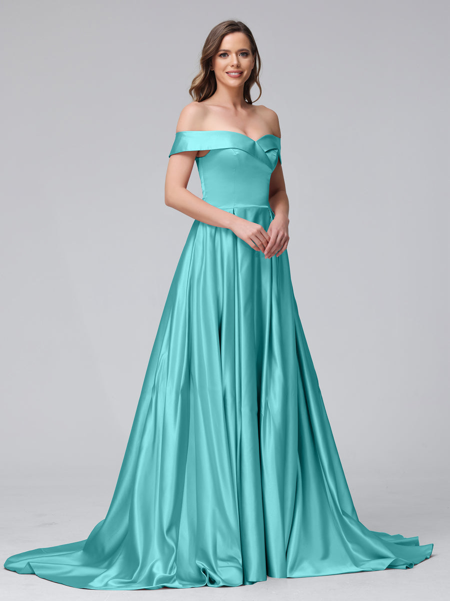 A-Line Off-the-Shoulder Long Satin Evening Dresses with Split Side & Pockets