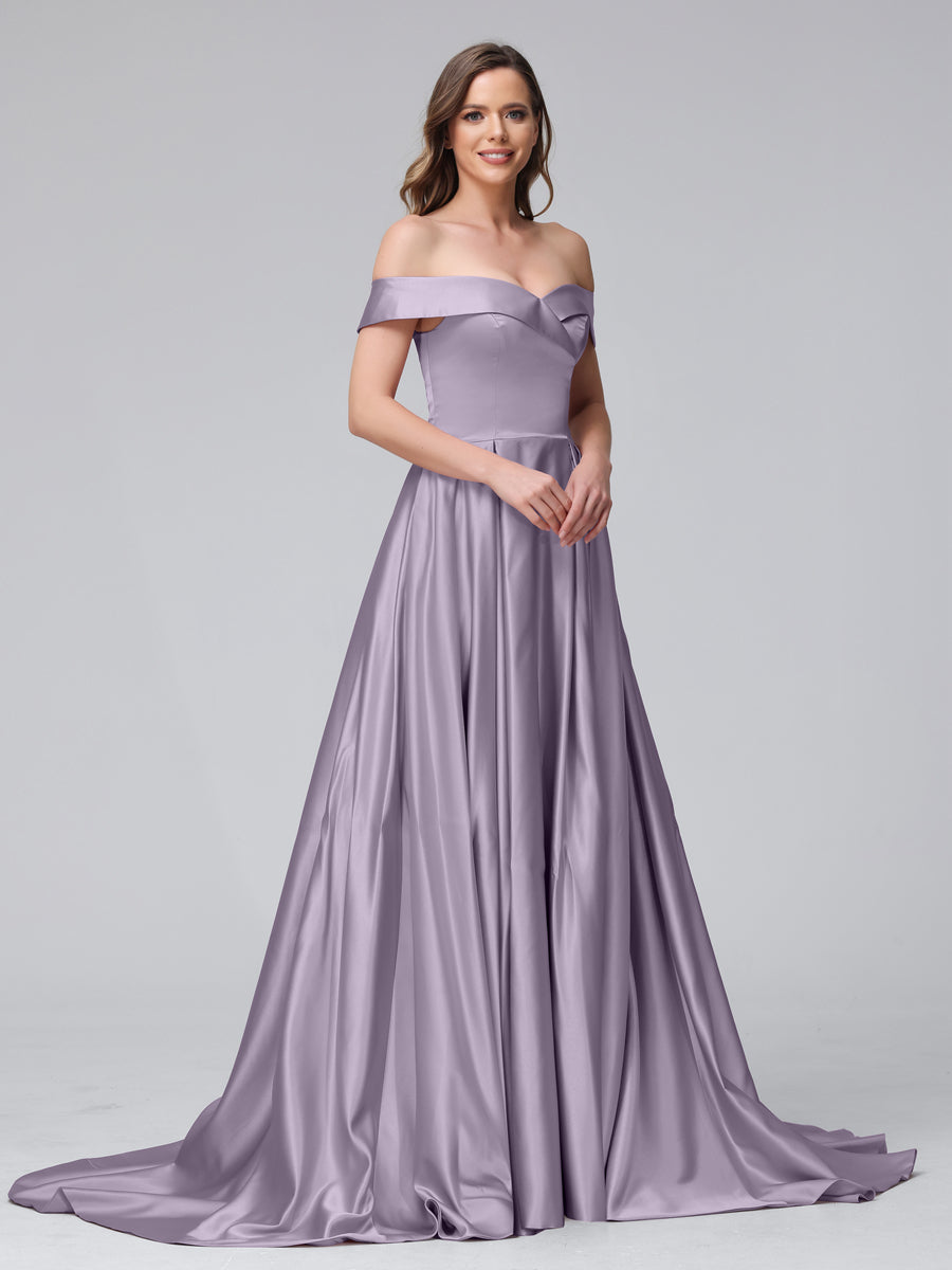 A-Line Off-the-Shoulder Long Satin Evening Dresses with Split Side & Pockets