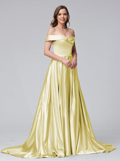 A-Line Off-the-Shoulder Long Satin Evening Dresses with Split Side & Pockets