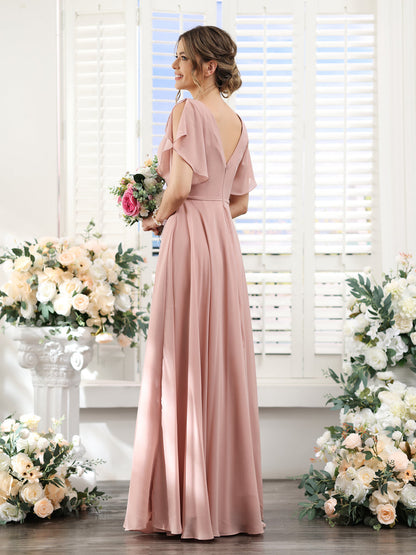 A-Line V-Neck Short Sleeves Split Side Floor-Length Chiffon Bridesmaid Dresses