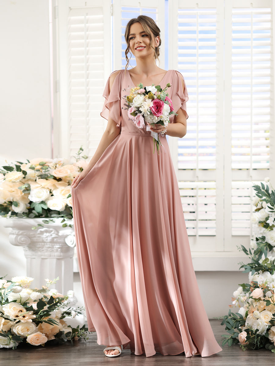 A-Line V-Neck Short Sleeves Split Side Floor-Length Chiffon Bridesmaid Dresses