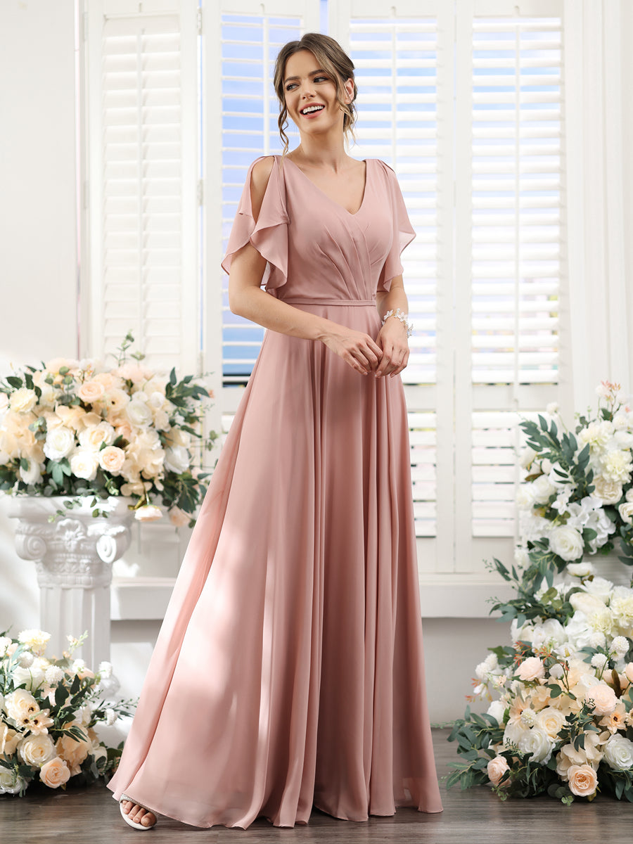 A-Line V-Neck Short Sleeves Split Side Floor-Length Chiffon Bridesmaid Dresses