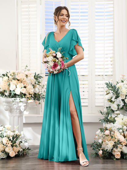 A-Line V-Neck Short Sleeves Split Side Floor-Length Chiffon Bridesmaid Dresses