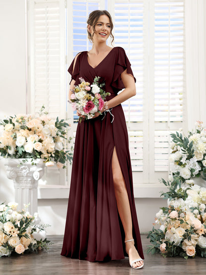 A-Line V-Neck Short Sleeves Split Side Floor-Length Chiffon Bridesmaid Dresses