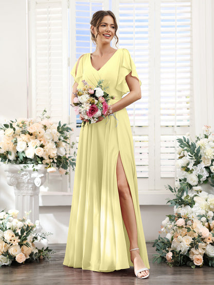 A-Line V-Neck Short Sleeves Split Side Floor-Length Chiffon Bridesmaid Dresses