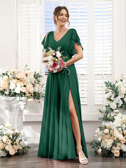 A-Line V-Neck Short Sleeves Split Side Floor-Length Chiffon Bridesmaid Dresses