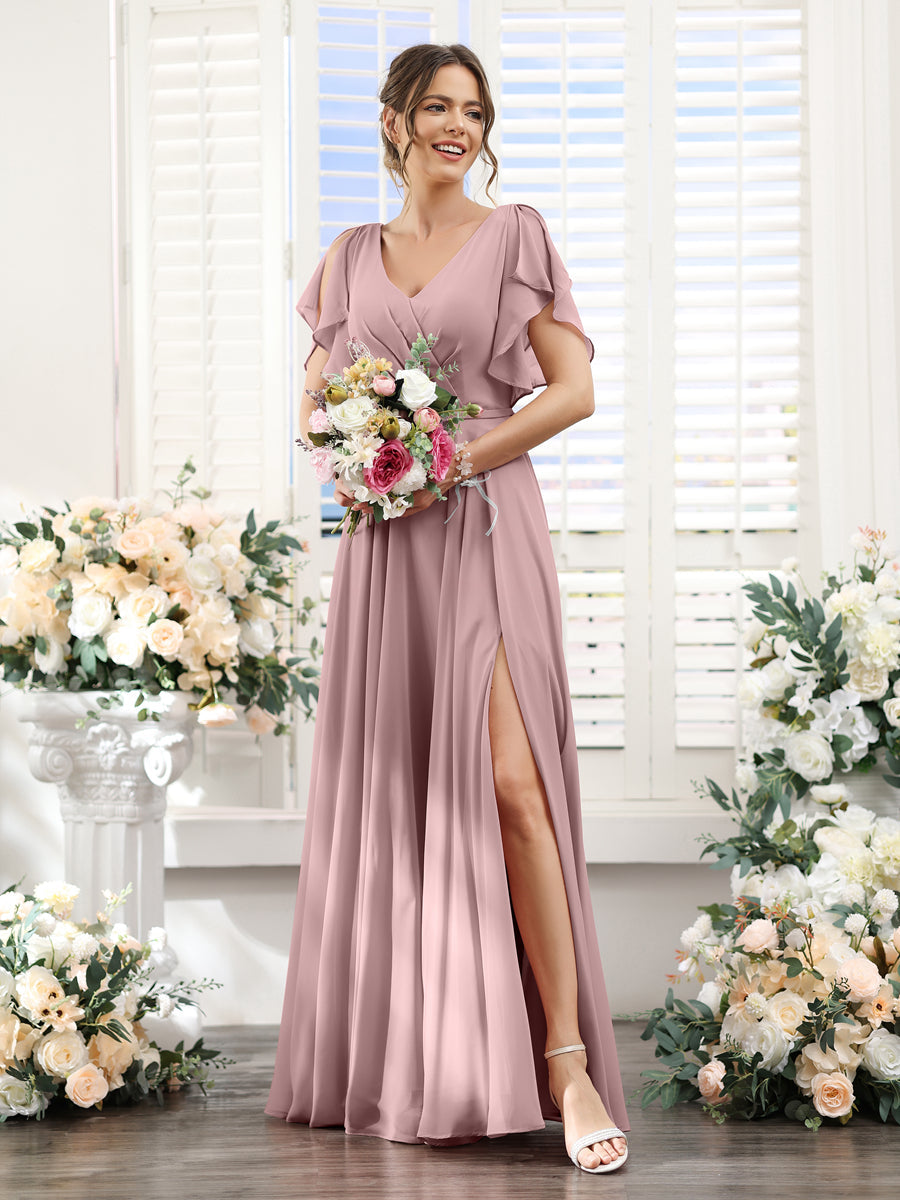 A-Line V-Neck Short Sleeves Split Side Floor-Length Chiffon Bridesmaid Dresses