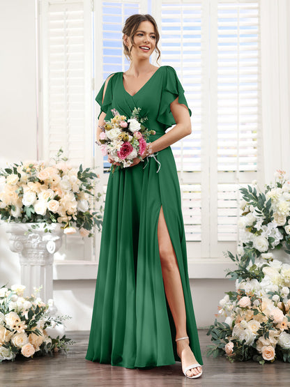 A-Line V-Neck Short Sleeves Split Side Floor-Length Chiffon Bridesmaid Dresses