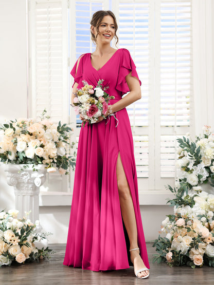 A-Line V-Neck Short Sleeves Split Side Floor-Length Chiffon Bridesmaid Dresses