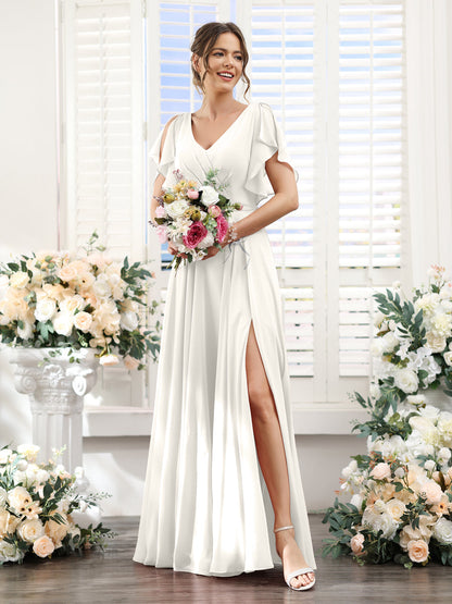 A-Line V-Neck Short Sleeves Split Side Floor-Length Chiffon Bridesmaid Dresses