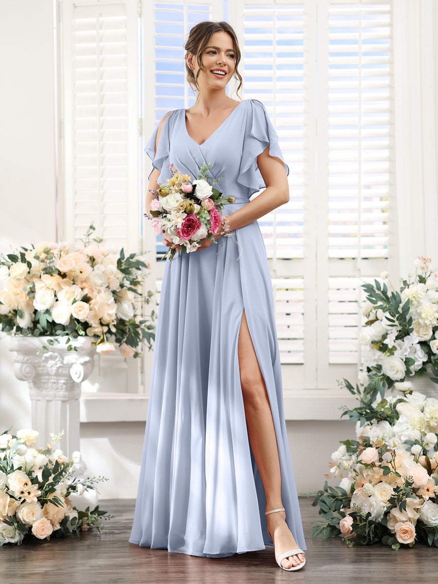 A-Line V-Neck Short Sleeves Split Side Floor-Length Chiffon Bridesmaid Dresses