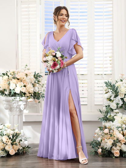 A-Line V-Neck Short Sleeves Split Side Floor-Length Chiffon Bridesmaid Dresses