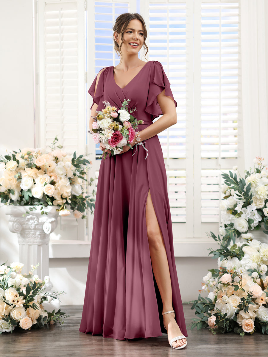 A-Line V-Neck Short Sleeves Split Side Floor-Length Chiffon Bridesmaid Dresses