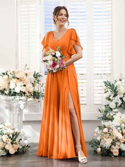 A-Line V-Neck Short Sleeves Split Side Floor-Length Chiffon Bridesmaid Dresses