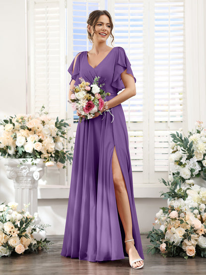 A-Line V-Neck Short Sleeves Split Side Floor-Length Chiffon Bridesmaid Dresses