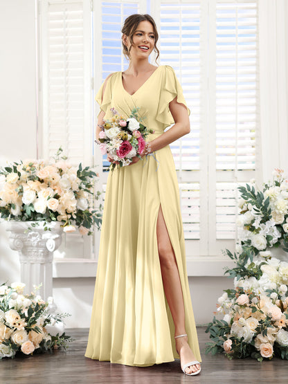 A-Line V-Neck Short Sleeves Split Side Floor-Length Chiffon Bridesmaid Dresses