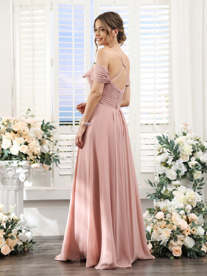 A-Line V-Neck Spaghetti Straps Split Side Floor-Length Chiffon Bridesmaid Dresses