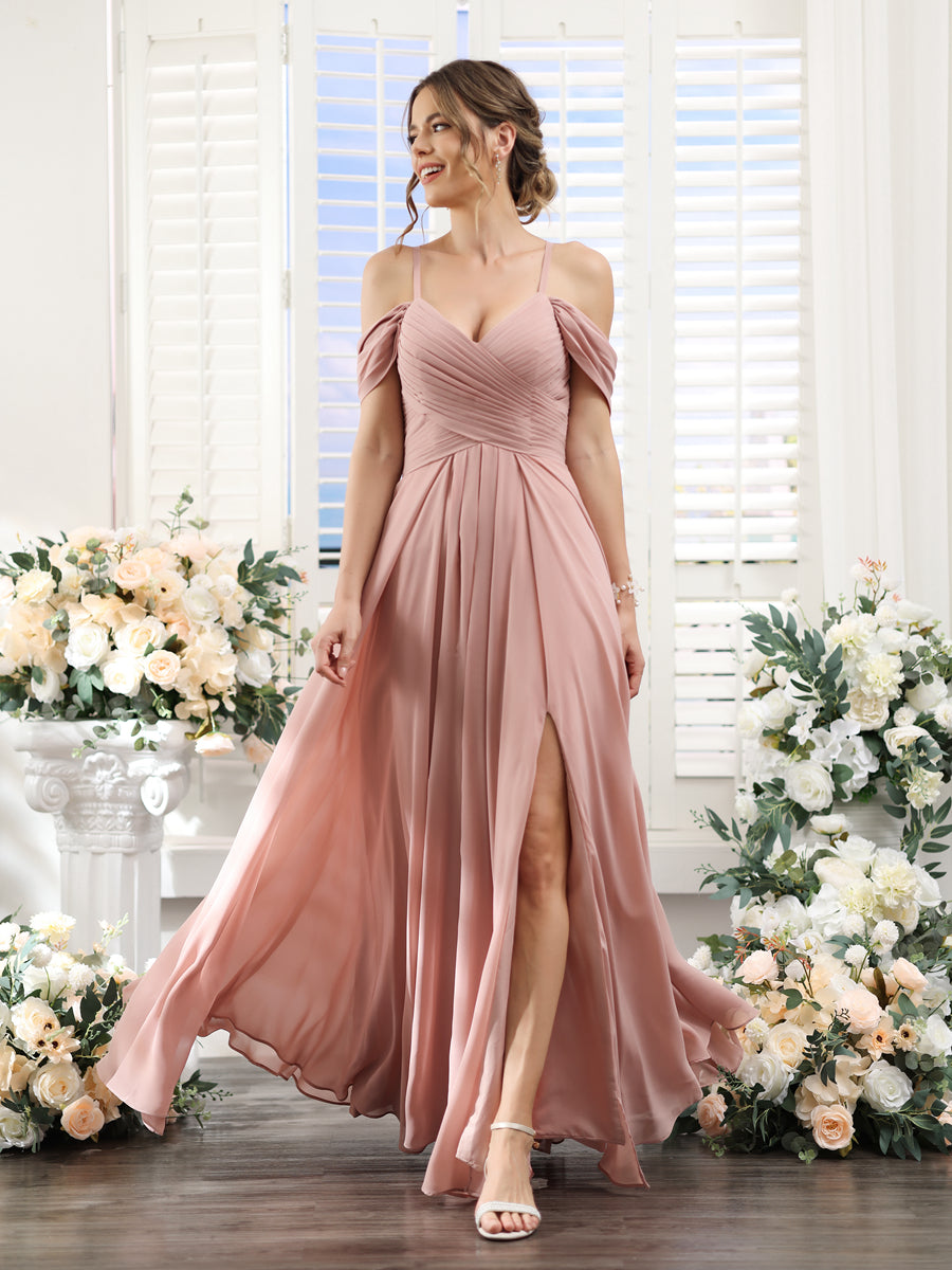 A-Line V-Neck Spaghetti Straps Split Side Floor-Length Chiffon Bridesmaid Dresses