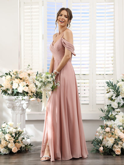 A-Line V-Neck Spaghetti Straps Split Side Floor-Length Chiffon Bridesmaid Dresses