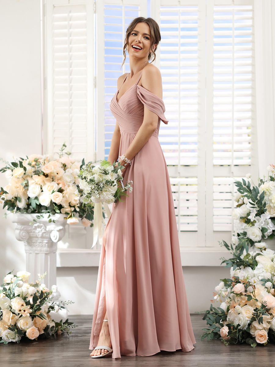 A-Line V-Neck Spaghetti Straps Split Side Floor-Length Chiffon Bridesmaid Dresses