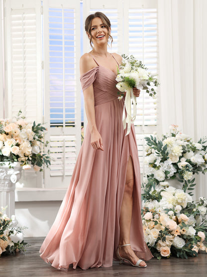 A-Line V-Neck Spaghetti Straps Split Side Floor-Length Chiffon Bridesmaid Dresses