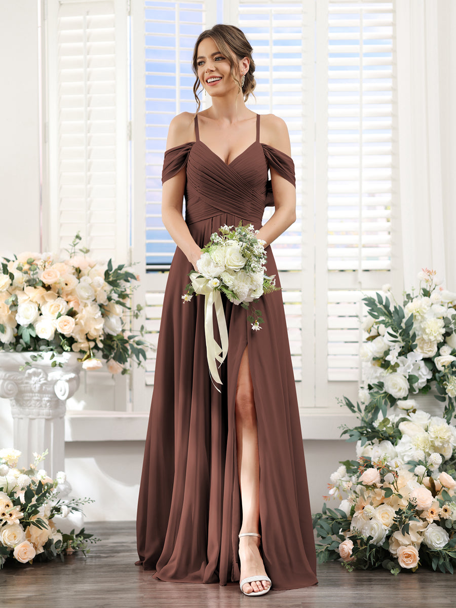 A-Line V-Neck Spaghetti Straps Split Side Floor-Length Chiffon Bridesmaid Dresses