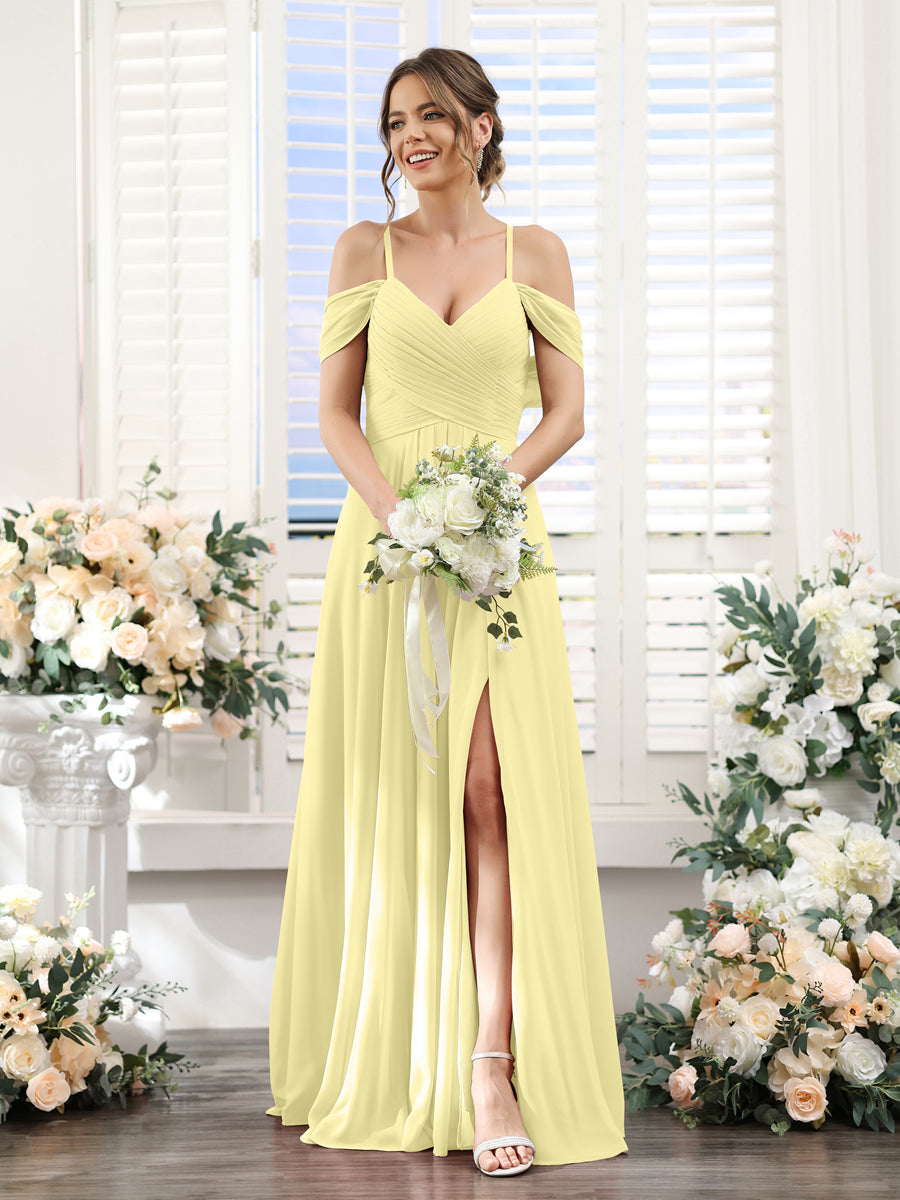 A-Line V-Neck Spaghetti Straps Split Side Floor-Length Chiffon Bridesmaid Dresses