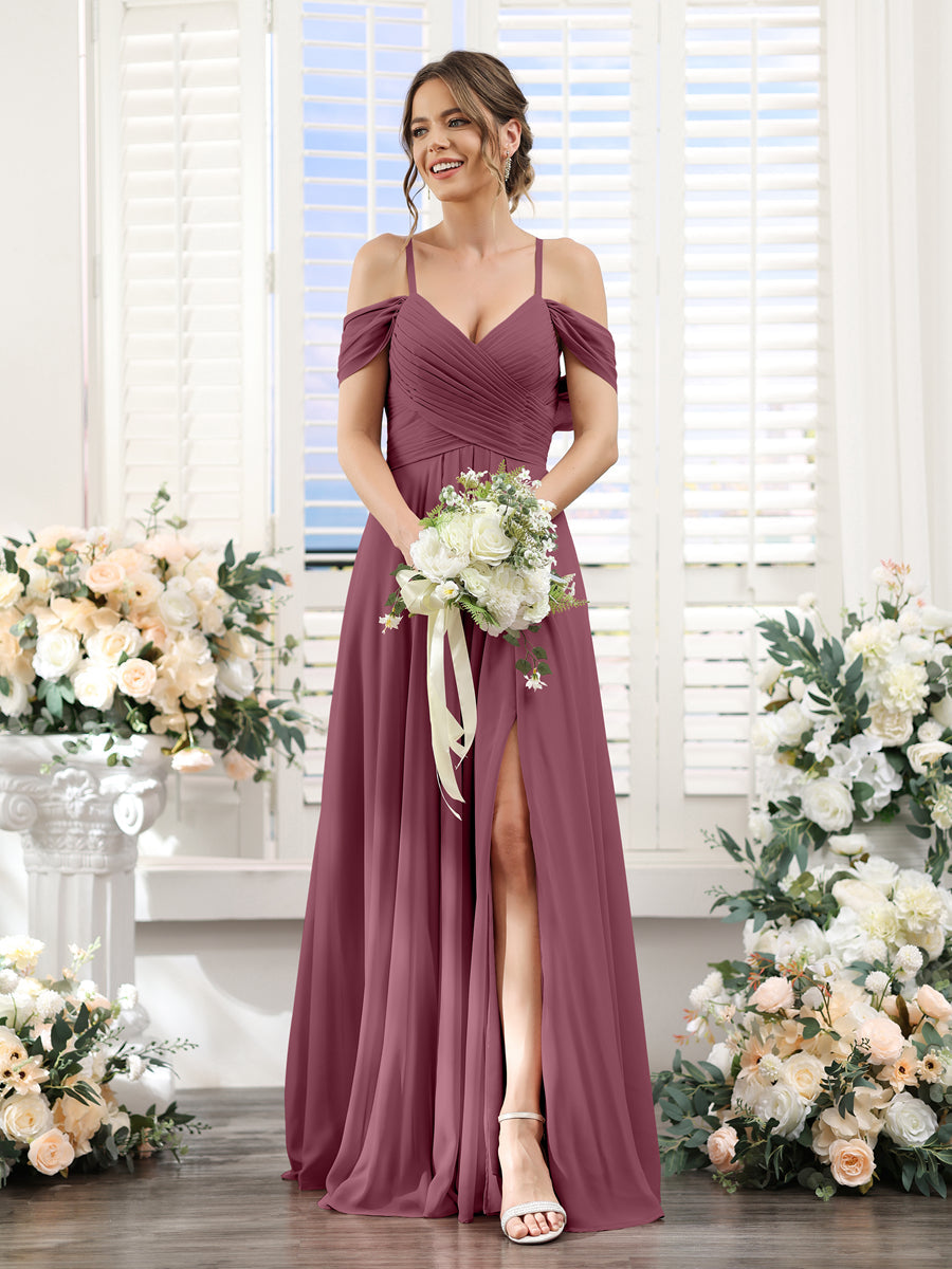 A-Line V-Neck Spaghetti Straps Split Side Floor-Length Chiffon Bridesmaid Dresses