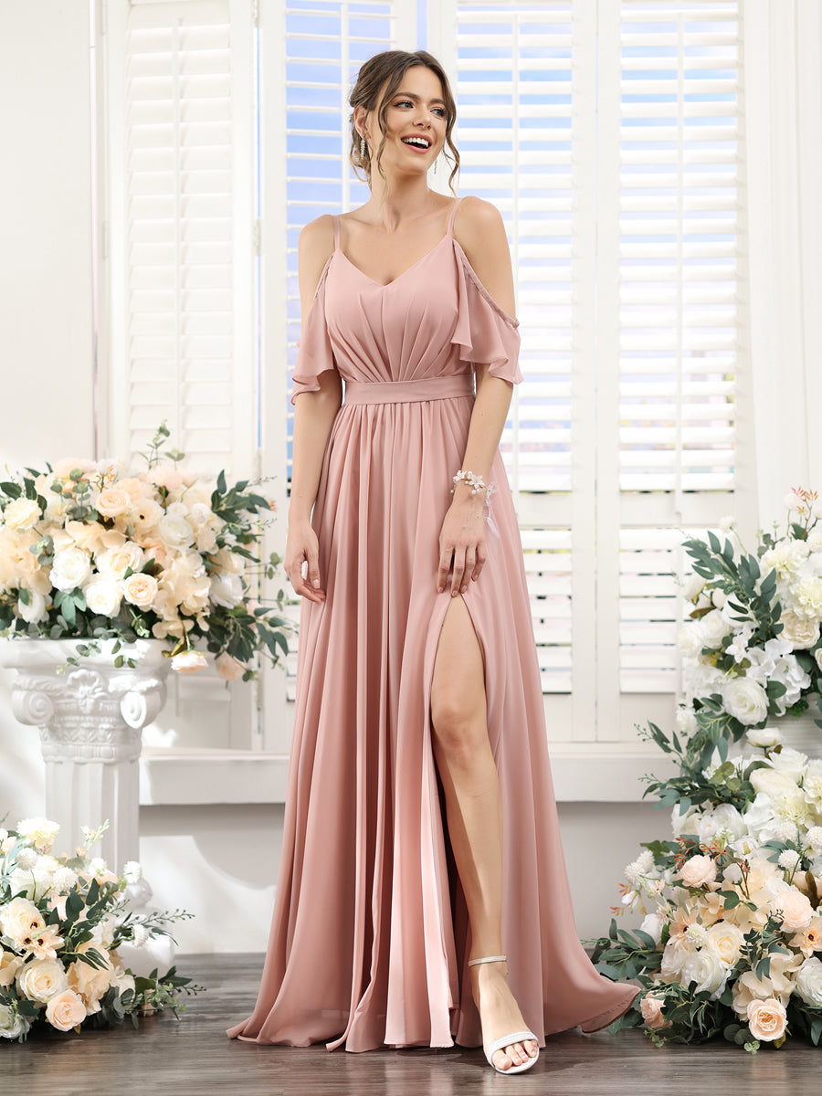 A-Line Spaghetti Straps Split Side Ruched Floor-Length Chiffon Bridesmaid Dresses