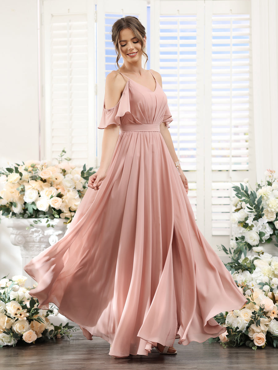 A-Line Spaghetti Straps Split Side Ruched Floor-Length Chiffon Bridesmaid Dresses