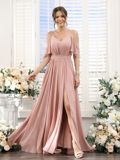 A-Line Spaghetti Straps Split Side Ruched Floor-Length Chiffon Bridesmaid Dresses