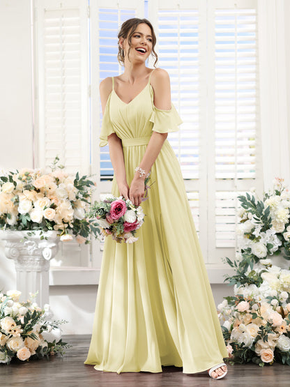 A-Line Spaghetti Straps Split Side Ruched Floor-Length Chiffon Bridesmaid Dresses