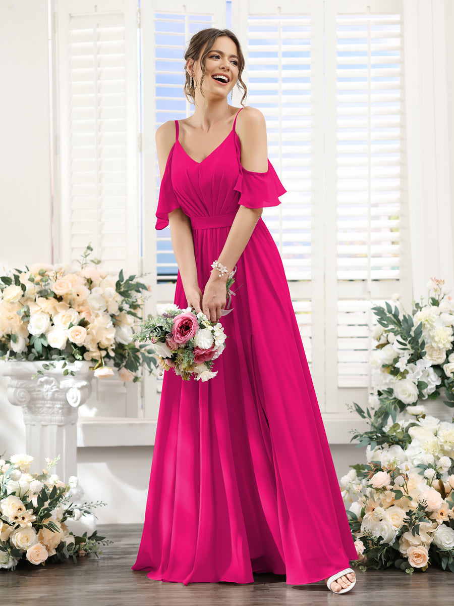 A-Line Spaghetti Straps Split Side Ruched Floor-Length Chiffon Bridesmaid Dresses