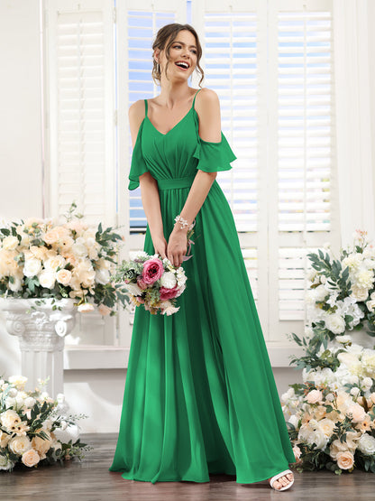 A-Line Spaghetti Straps Split Side Ruched Floor-Length Chiffon Bridesmaid Dresses