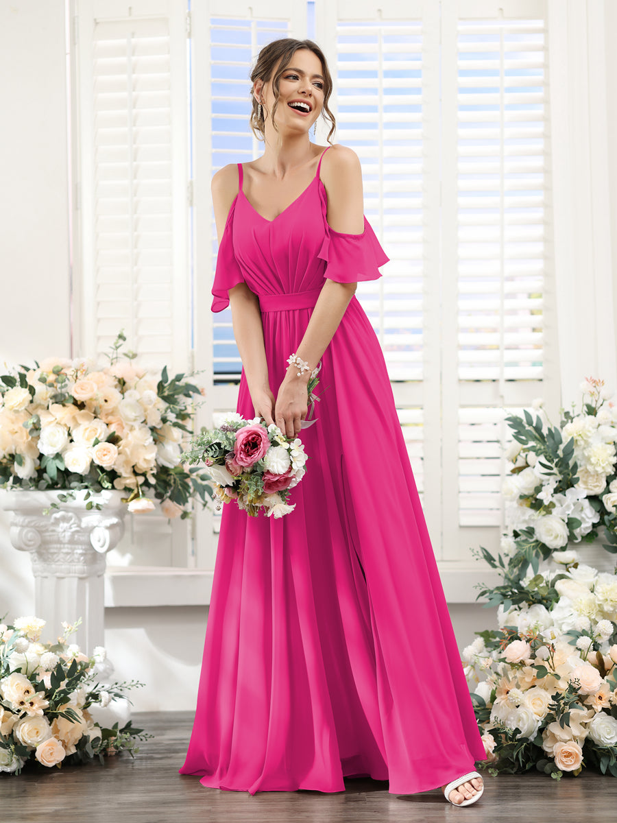 A-Line Spaghetti Straps Split Side Ruched Floor-Length Chiffon Bridesmaid Dresses