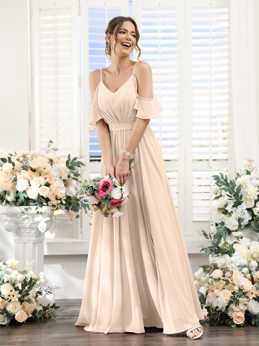 A-Line Spaghetti Straps Split Side Ruched Floor-Length Chiffon Bridesmaid Dresses