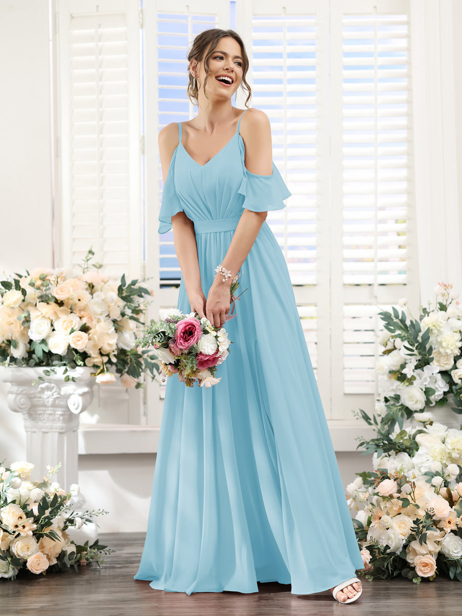 A-Line Spaghetti Straps Split Side Ruched Floor-Length Chiffon Bridesmaid Dresses