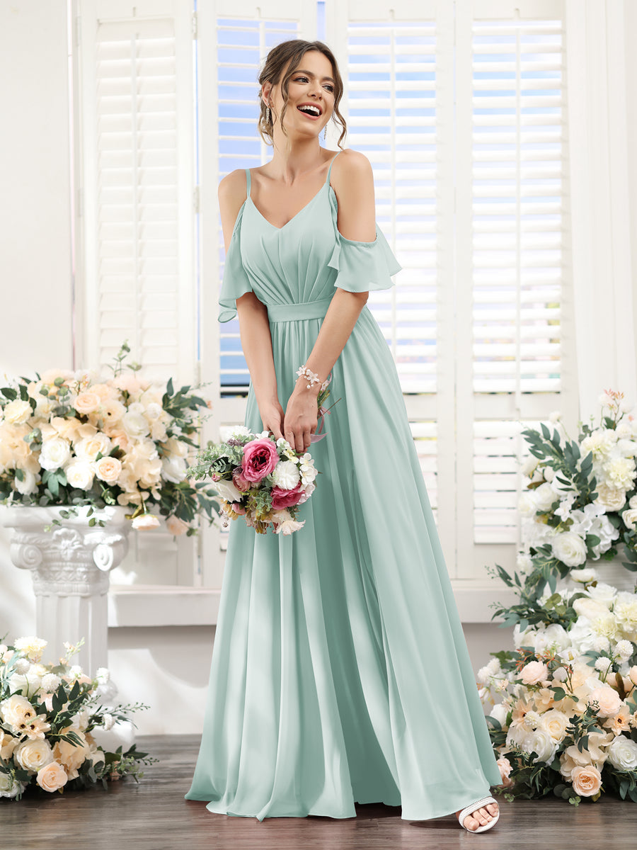 A-Line Spaghetti Straps Split Side Ruched Floor-Length Chiffon Bridesmaid Dresses