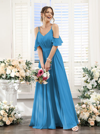 A-Line Spaghetti Straps Split Side Ruched Floor-Length Chiffon Bridesmaid Dresses