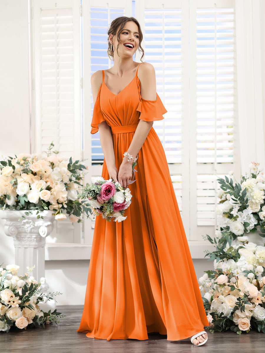 A-Line Spaghetti Straps Split Side Ruched Floor-Length Chiffon Bridesmaid Dresses