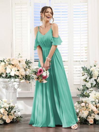 A-Line Spaghetti Straps Split Side Ruched Floor-Length Chiffon Bridesmaid Dresses