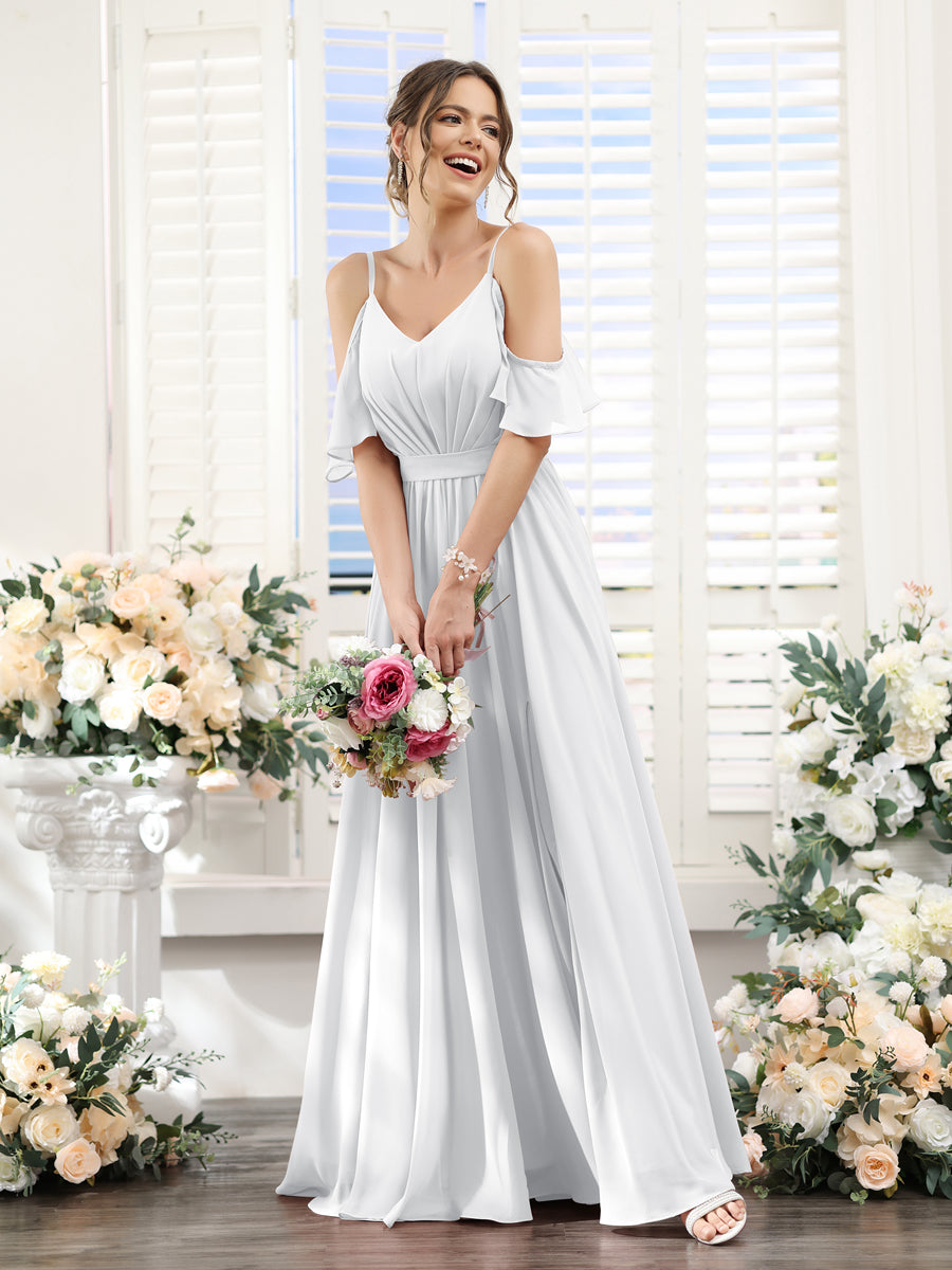 A-Line Spaghetti Straps Split Side Ruched Floor-Length Chiffon Bridesmaid Dresses